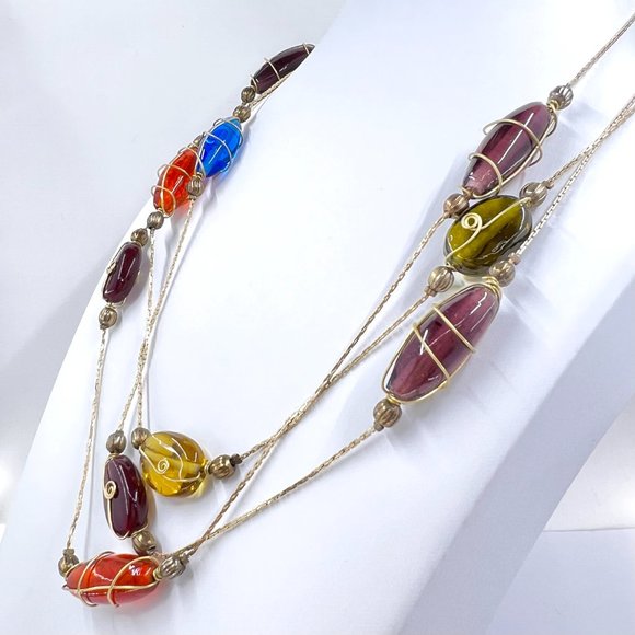 NWOT - Stunning Wire Wrapped Glass Bead Gold Tone Single Strand 58” Necklace - Picture 3 of 7